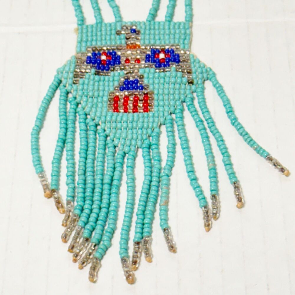 Vintage Hand Beaded Thunderbird Long Necklace Dangle Beaded Fringe - Picture 2 of 6